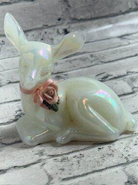 Vintage Fenton Glass Deer Figurine White Doe Pink Rose Flower Opalescent Bambi